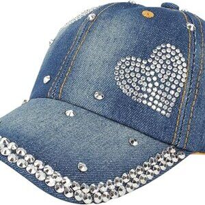 Denim Rhinestone w Heart Baseball Cap Studded Bling Hat for Women Y2K